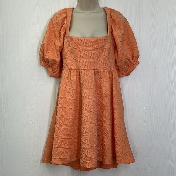 Free People - Orange Square Neck Puffy Sleeves Fun Design Mini Swing Dress Sm - Picture 2 of 9